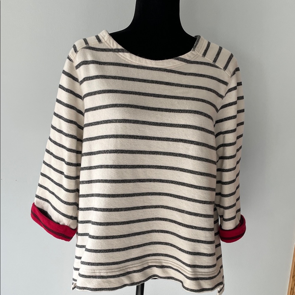 Coldwater Creek Striped Cream and Gray Top with Red Accents